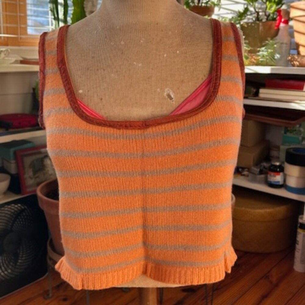 Vintage Sleeveless Cropped Handmade Striped Hand dyed Cashmere Orange Top